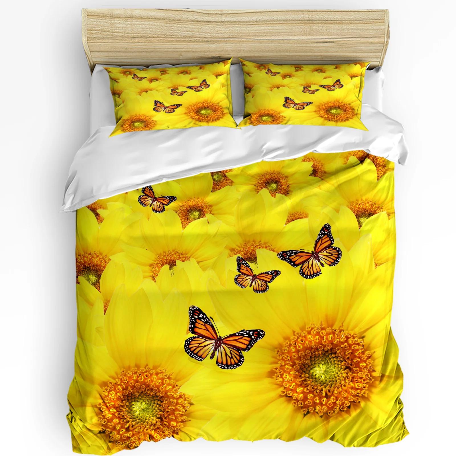 Yellow Sunflower Butterfly Flowers Plant Bedding Set 3pcs Duvet Cover Pillowcase Quilt Cover Double Bed Set Home Tex